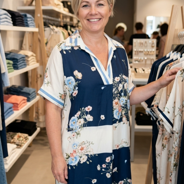Vestido fondo azul marino y blanco con estampado de flores